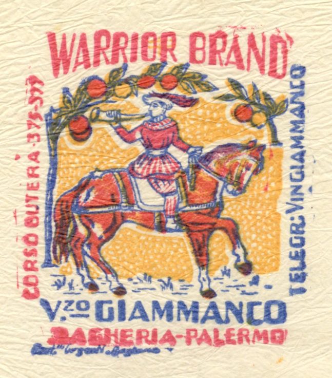 Warrior Brand, papier d'emballage italien pour oranges de Bagheria près de Paler
