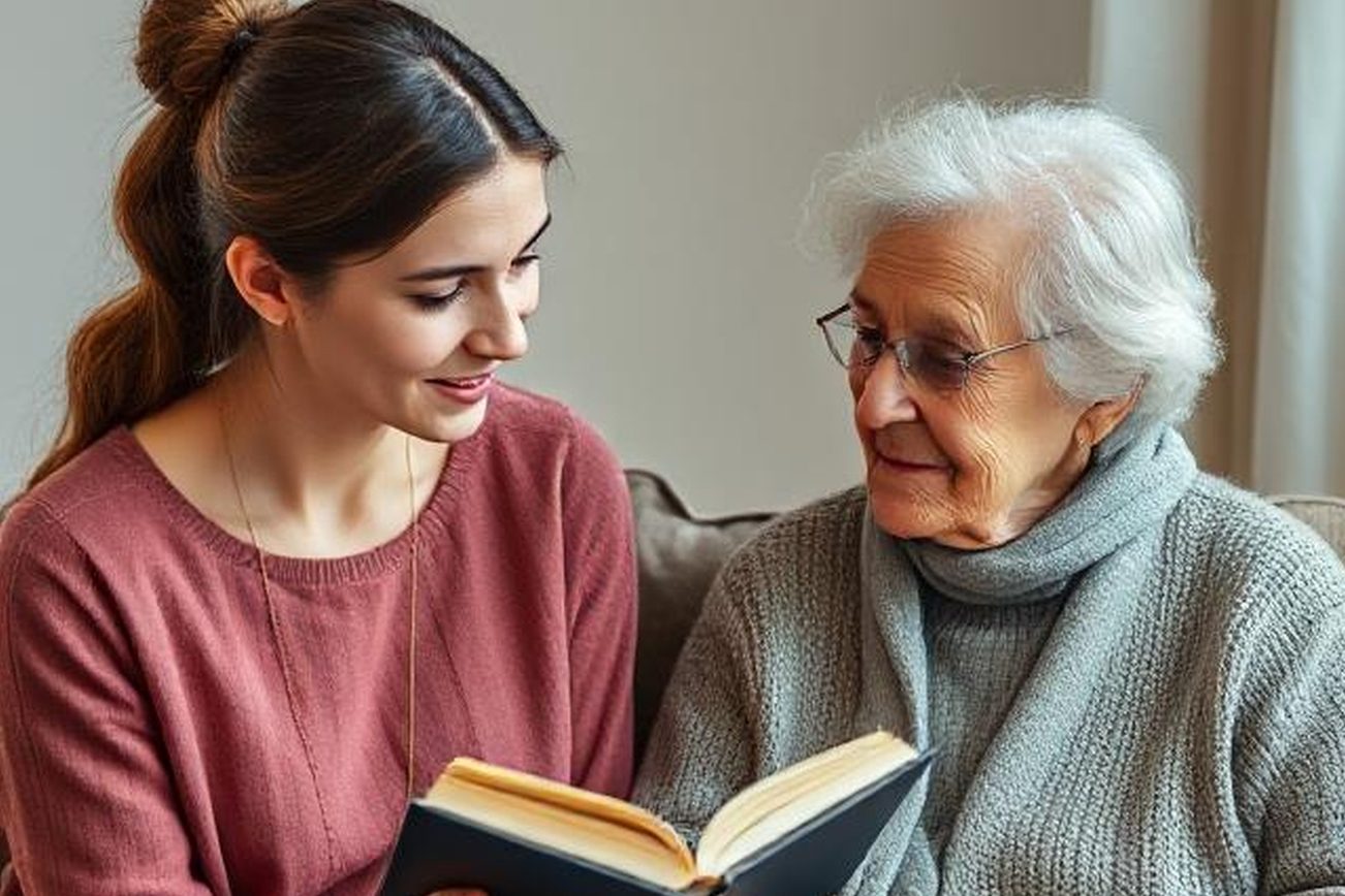 L'immagine mostra una giovane donna che legge un libro a un anziano.