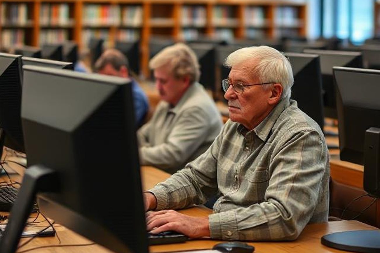 L'immagine mostra cittadini anziani che lavorano al PC