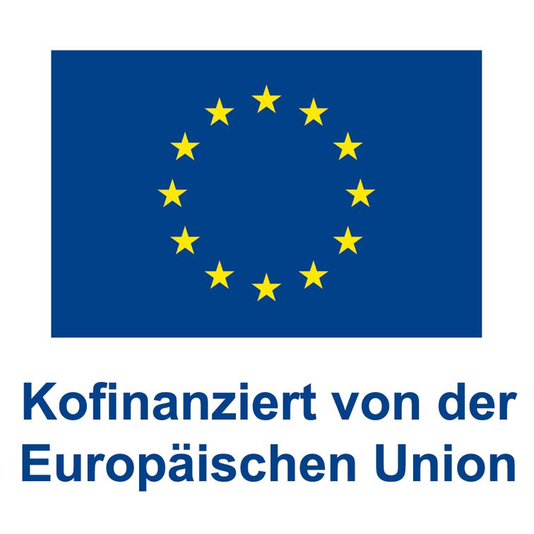 Logo: Dunkelblaue Flagge der Europäischen Union mit gelben im Kreis angeordneten Sternen sowie dem Schriftzug "Kofinanziert von der Europäischen Union"
