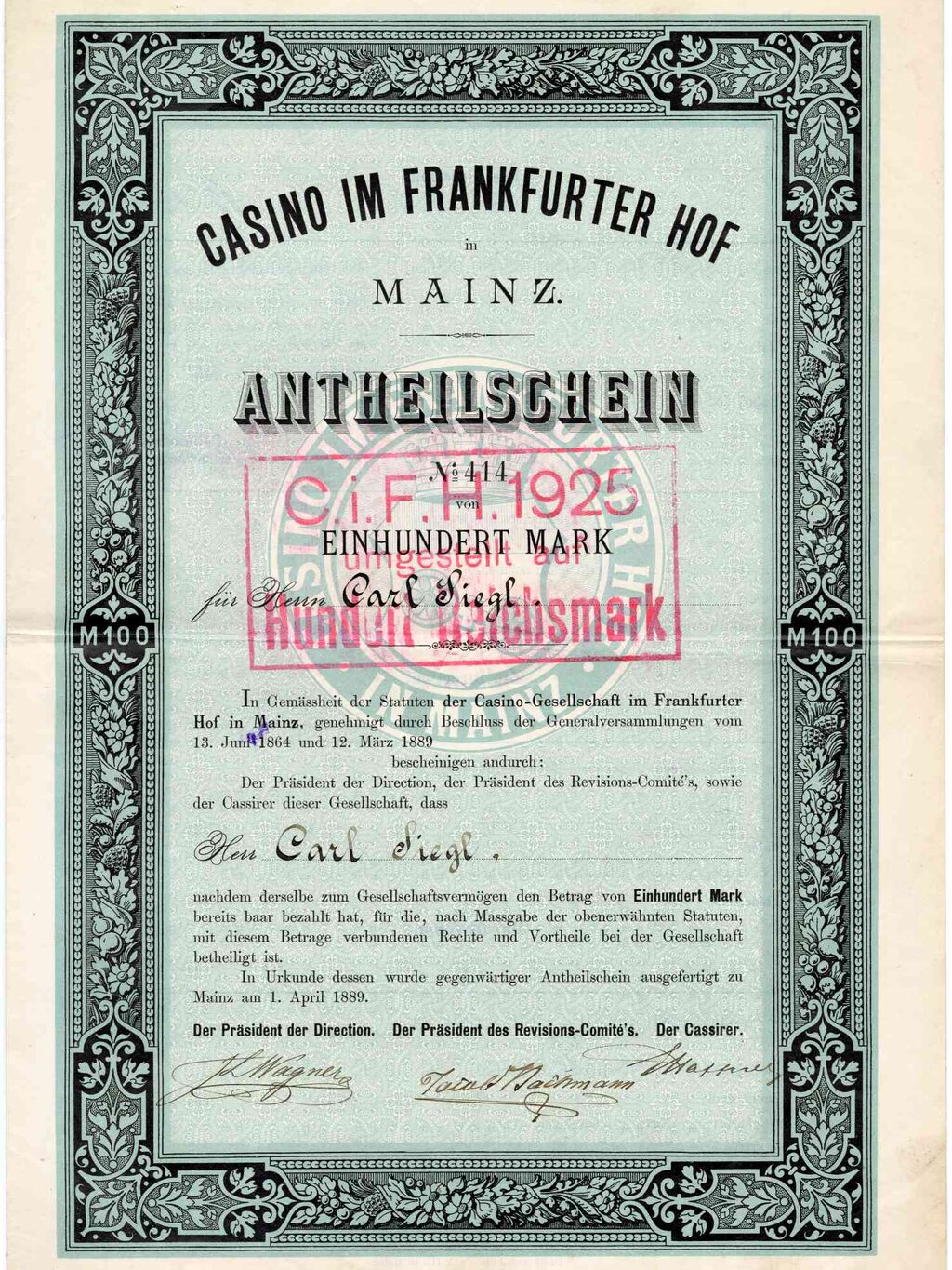 Casino in Frankfurter Hof, Mz, Anteilschein über 100 Mark, 1889