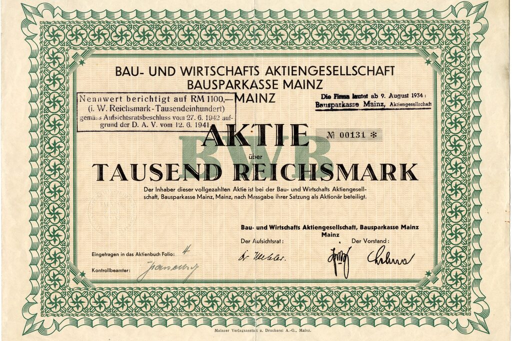 Bau- und Wirtschafts AG, Bausparkasse Mz, Aktie 1.000 DM