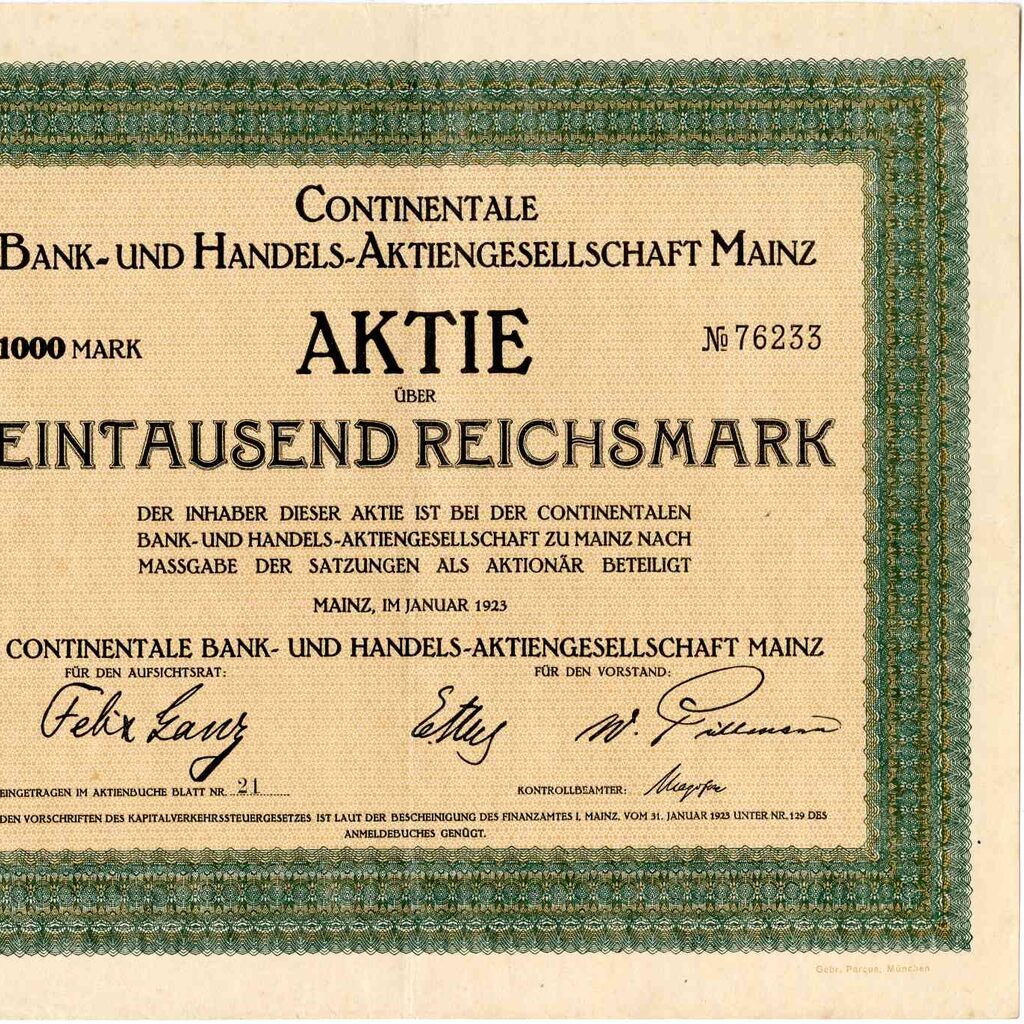 Continentale Bank- und AG Mz, Aktie 1.000 RM