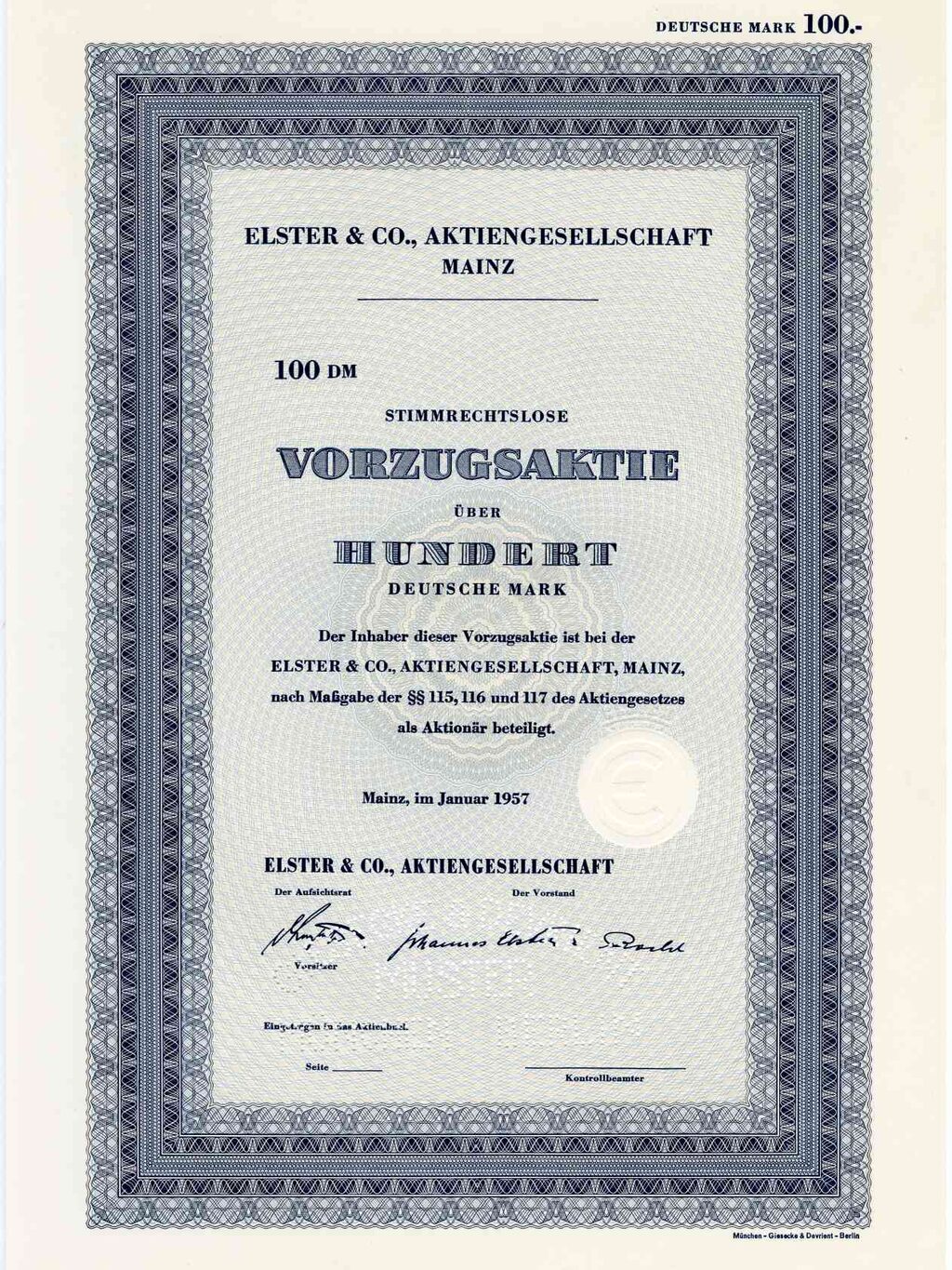 Elster & Co. AG Mz, Vorzugsaktie 100 DM