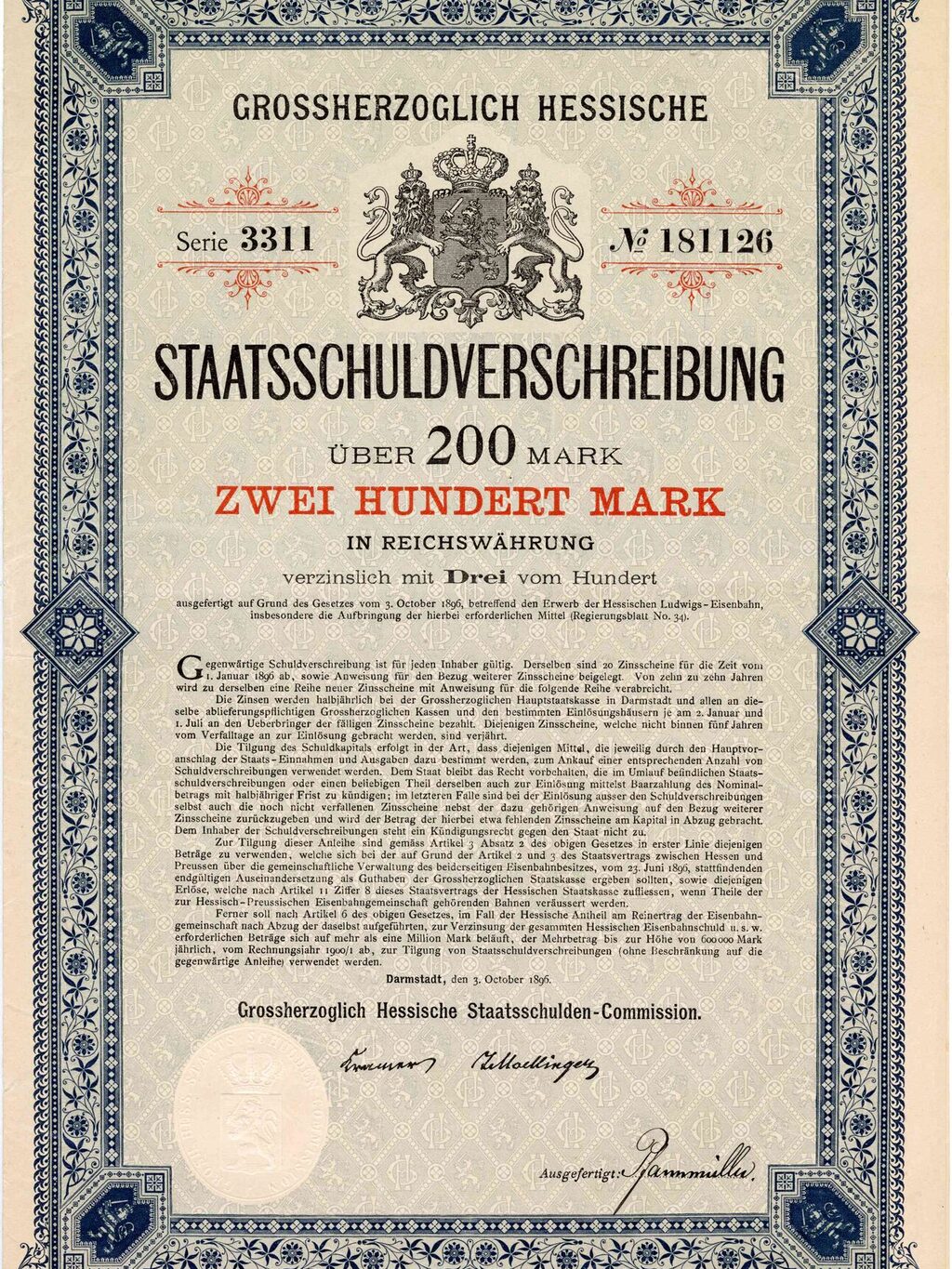 Grossherzoglich Hessische Staatsschuldenverschreibung vom 3. Oktober 1896