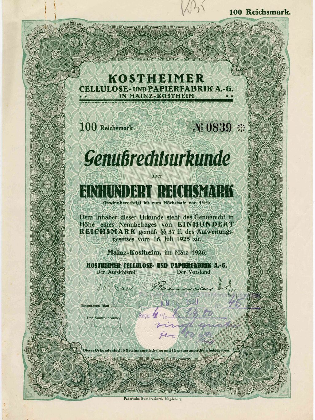 Kostheimer Cellulose- und Papierfabrik A.-G.,Genussrechtsurkunde März 1926