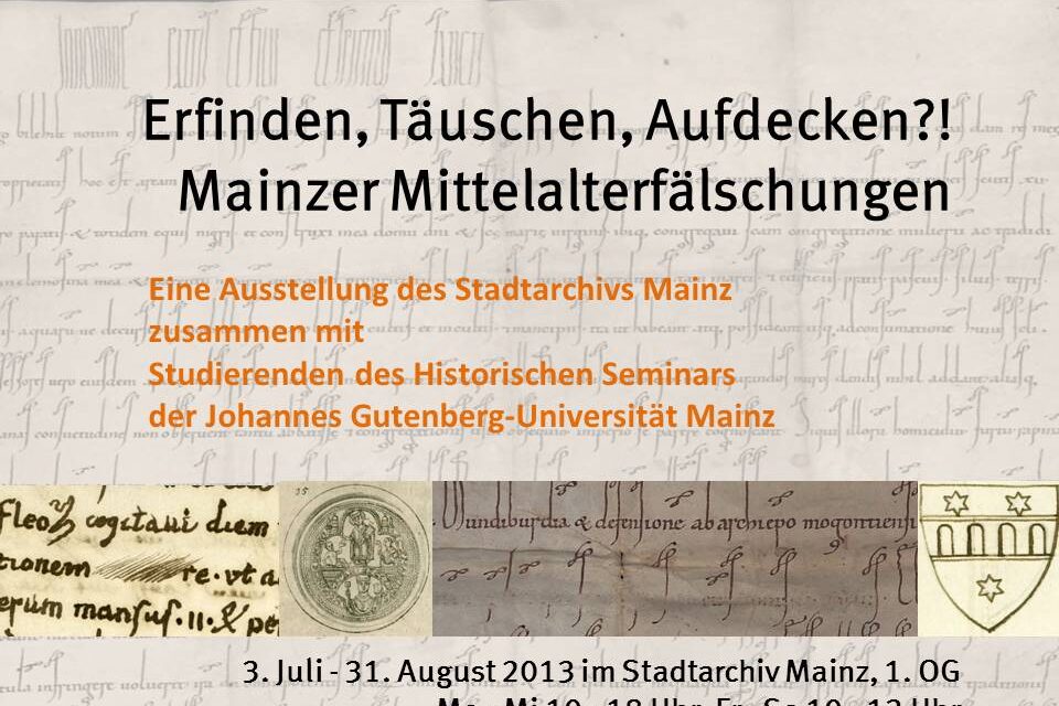 Plakat zur Ausstellung mit Ausschnitten alter gefälschter Dokumente