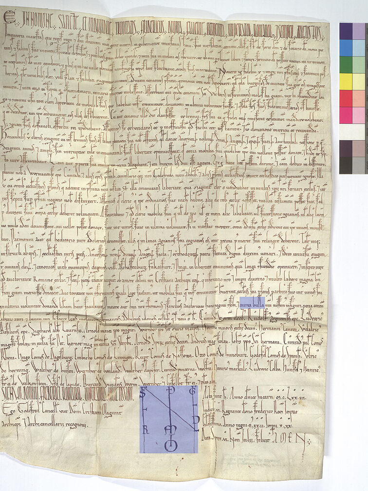 Kaiserurkunde von 1173 mit Markierungen.