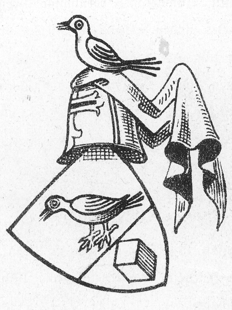 schwarz-weiß Abbildung, Zeichnung eines Wappens mit Meise