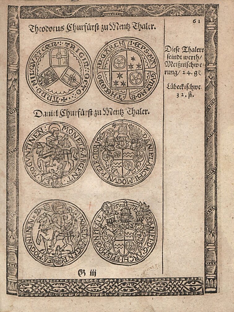 Seite aus einem alten Buch mit Münzzeichnungen