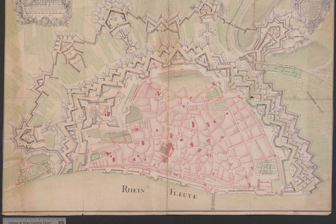 gezeichneter und aquarellierter Plan der Stadt und der Festung Mainz