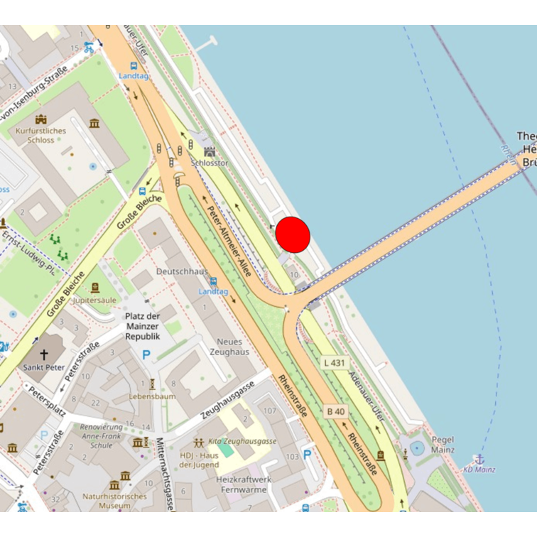 Übersichtskarte mit Markierung Rheinufer