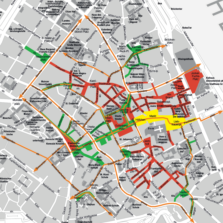 Carte des itinéraires cyclables dans la zone piétonne