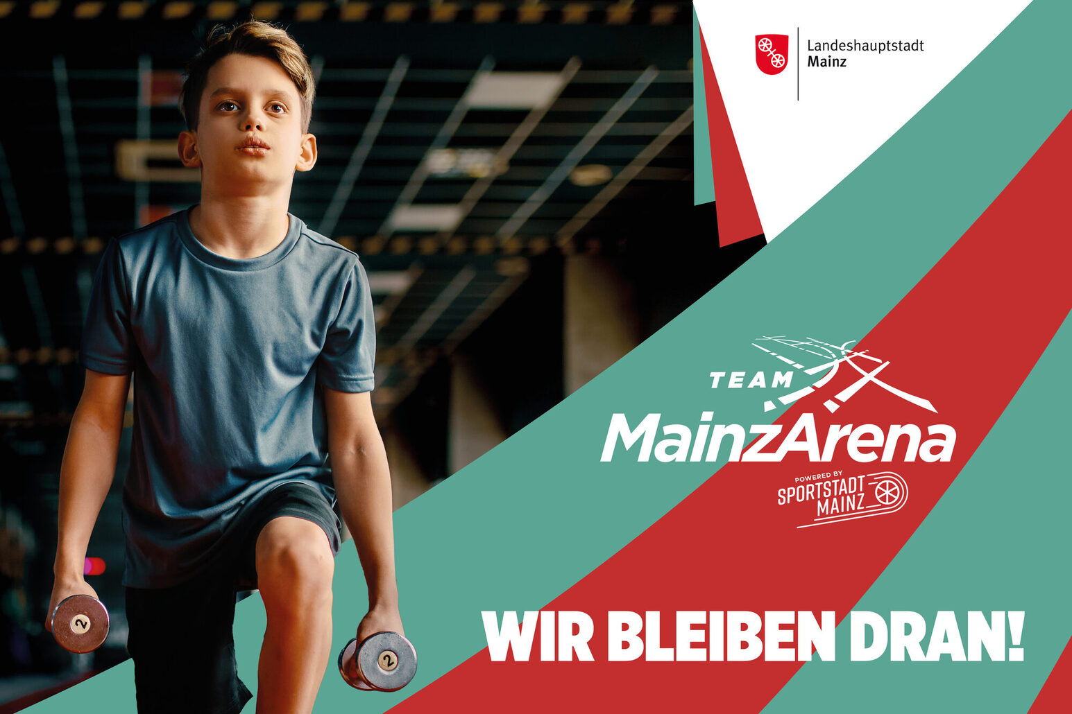 Junger Sportler und der Schriftzug: MainzArena - Wir bleiben dran.