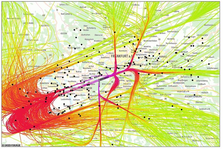 Abbildung der Flugspuren über Mainz