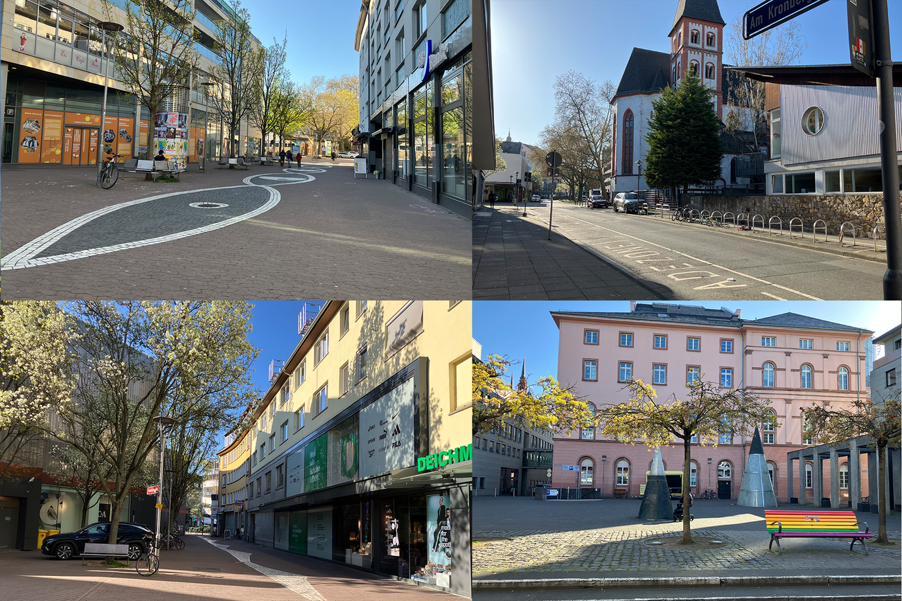 Vier Bilder im Kachelstil zeigen mehrere Häuserfassaden in der Mainzer Innenstadt