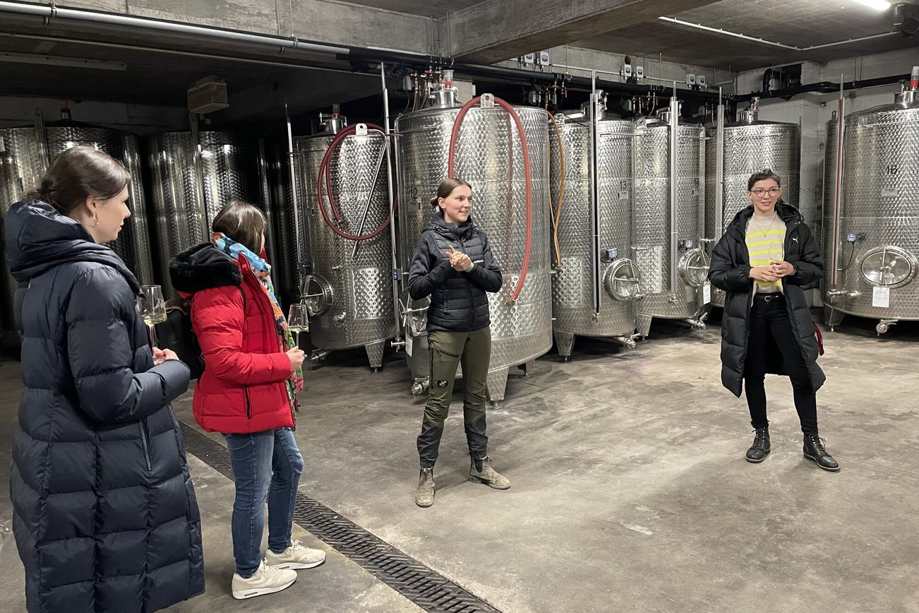 Quatre femmes se tiennent dans une cave à vin avec des fûts en acier inoxydable