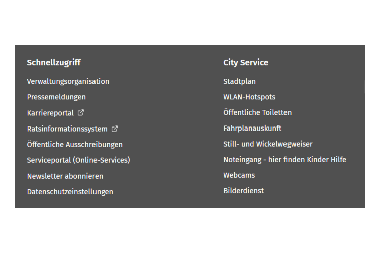 Screenshot Schnellzugriff: Verwaltungsorganisation, Pressemeldungen, Karriereportal, Ratsinformationssystem, Öffentliche Ausschreibungen, Serviceportal, Newsletter abonnieren
