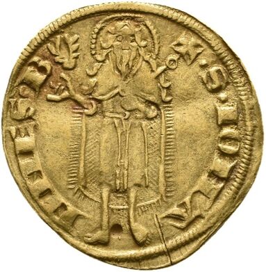 Gulden der Stadt Florenz, 1311, Rückseite. Abgebildet ist Johannes der Täufer ("S[anctus] IOHANNES B[aptista]"). Das Hirschgeweih oben links ist das Beizeichen des Münzmeisters von 1311.