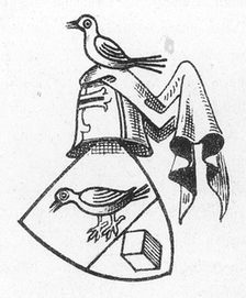 schwarz-weiß Abbildung, Zeichnung eines Wappens mit Meise