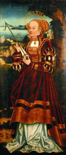 Farbiges Gemälde, das die Heilige Ursula zeigt.