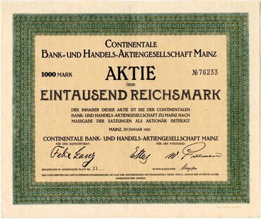 Continentale Bank- und AG Mz, Aktie 1.000 RM