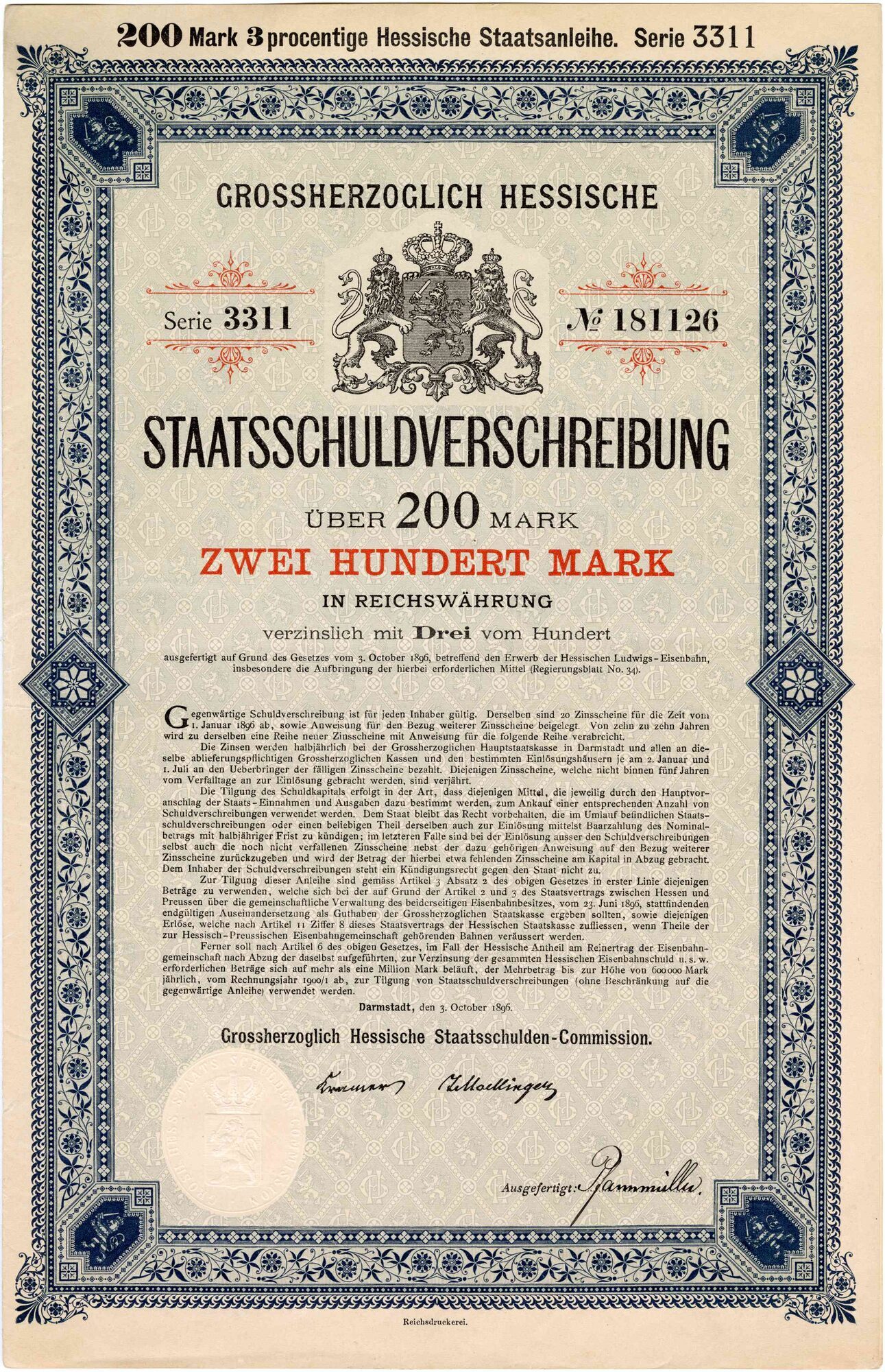 Grossherzoglich Hessische Staatsschuldenverschreibung vom 3. Oktober 1896
