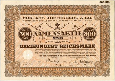 Chr. Adt. Kupferberg & Co, Mz, Aktie 300 RM