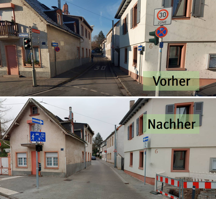 Vorher-Nachher Bild des barrierefreien Umbaus der Straße "Am Backhaushohl"