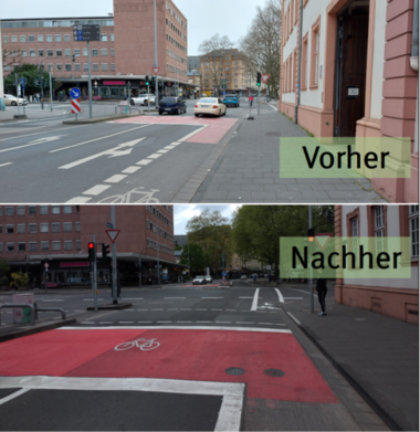 Blick aus Richtung Bauhofstraße. Die Wegführung ist deutlich markiert.