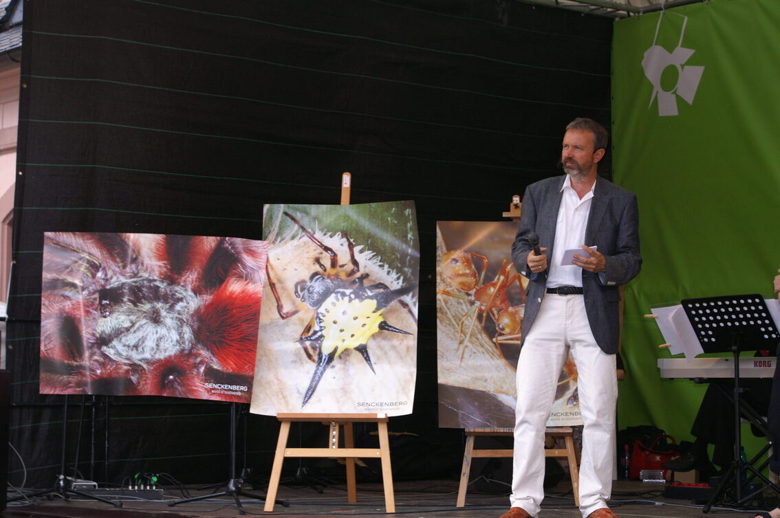 Spinnenforscher vom Senckenberg Museum auf einer Bühne