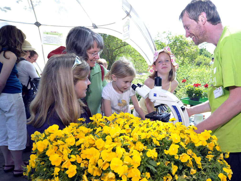 Eine kleine Nachwuchsforscherin schaut durch ein Mikroskop