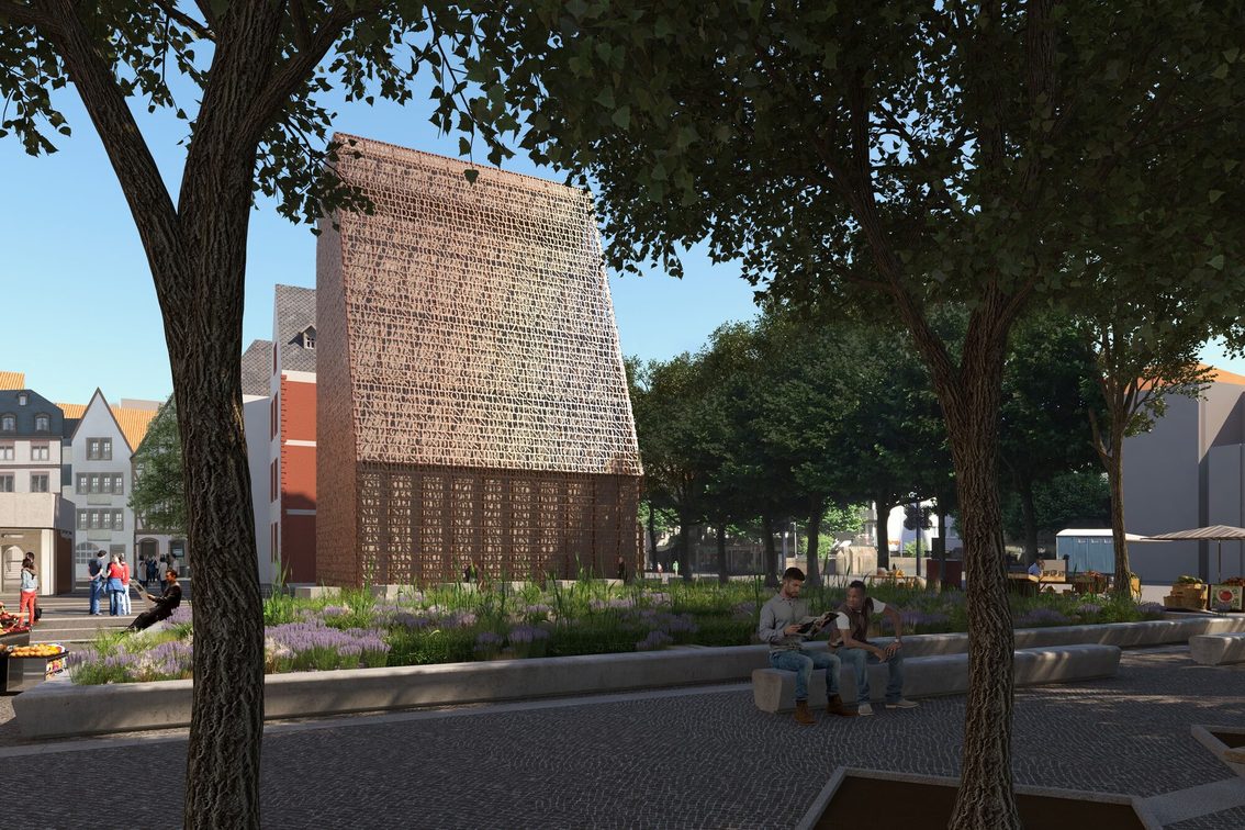 Representación de la Liebfrauenplatz con la torre de la biblia.