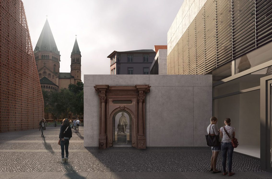Representación de la Liebfrauenplatz con la Torre de la Biblia y el edificio Schell.