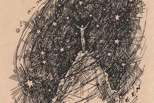 Bildergalerie Gutenberg-Museum "Grafik und Exlibris"  Der expressionistische Künstler Erich Büttner (1889-1936) schuf das Exlibris des Nobelpreisträgers Albert Einstein (1879-1955). Es zeigt einen Menschen auf einem Berggipfel mit erhobenen Armen, der vom Sternenhimmel und Weltall umgeben ist.