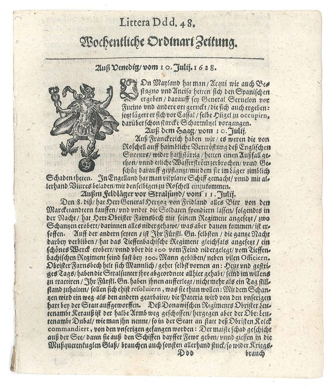 Titelblatt der "Wochentliche Ordinari Zeitung" von 1628