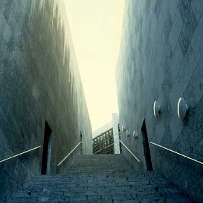 Ein Treppe führt vom Rhein zum Rathaus