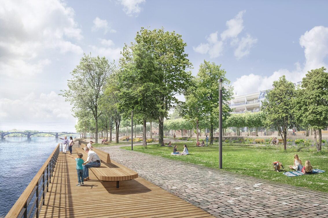 Visualisierung der Bürgerwiese mit Sitzgelegenheiten aus Holz, Grünfläche und Bäumen