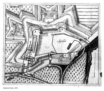 Zu sehen ist ein Plan der Zitadelle mit dem Jakobsbergkloster vor 1814