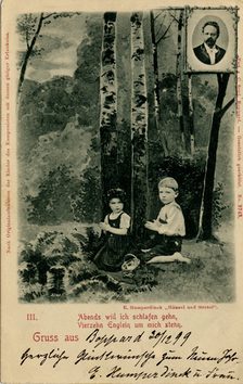 Postkarte im Hochformat mit dem Motiv Hänsel und Gretel im Wald, Abb. s/w