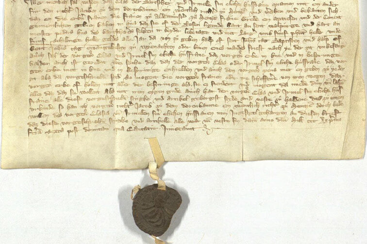 Mittelalterliche Pergamenturkunde mit leicht beschädigtem braunem Siegel