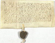 Mittelalterliche Pergamenturkunde mit leicht beschädigtem braunem Siegel