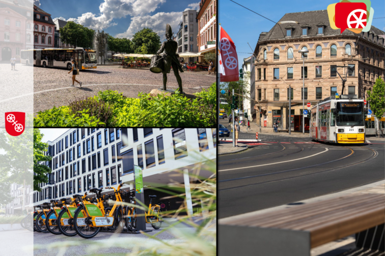 Collage Mainzer Stadtbild Bus, Straßenbahn und Mietradstation