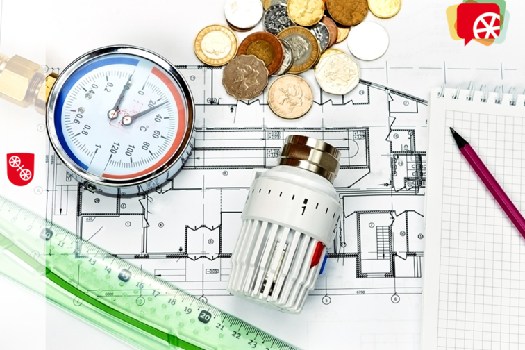 Foto von Heizungstechnik (Thermometer, Heizregler und Bauskizze)