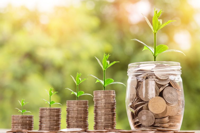 Des piles d'argent de plus en plus grandes avec des petites plantes dessus