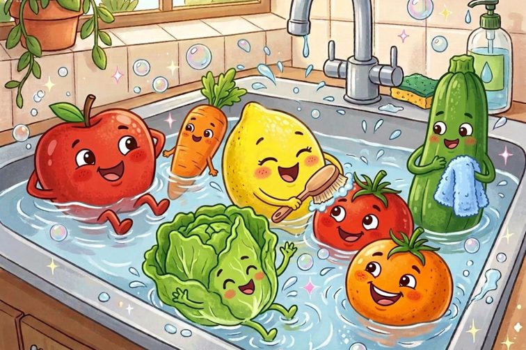 Comic mit verschiedenen Gemüse- und Obststücken, die in einem Waschenbecken plantschen