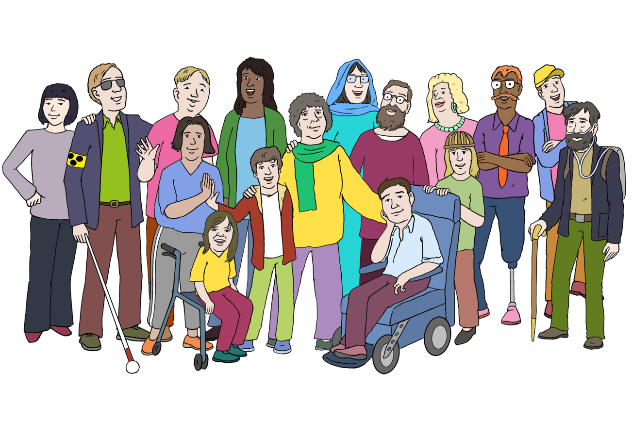 Resim: Birçok farklı insandan oluşan grup: Erkekler, kadınlar, çocuklar, yaşlılar, yürüme yardımcıları olan insanlar, bastonlu insanlar, tekerlekli sandalyeli insanlar, farklı kültürel geçmişlerden gelen insanlar