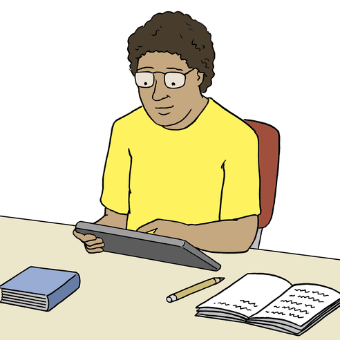 Çizim: Bir adam elinde bir tablet tutuyor, notlarla dolu açık bir kitap, bir kalem ve bir kitap masanın üzerinde duruyor.