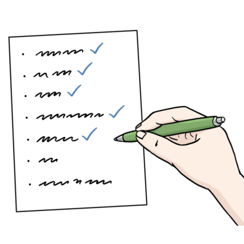 İllüstrasyon "Kontrol Listesi": Bir el yeşil biros tutuyor ve bir listeyi işaretliyor.