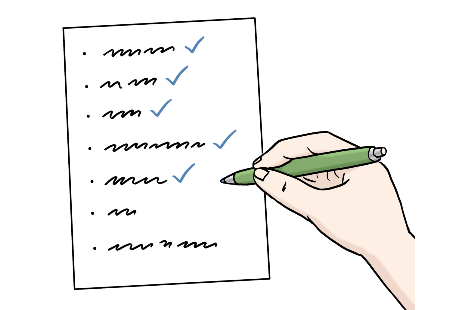 Illustration "Checkliste": Eine Hand hält einen grünen Kugelschreiber und hakt eine Liste ab.